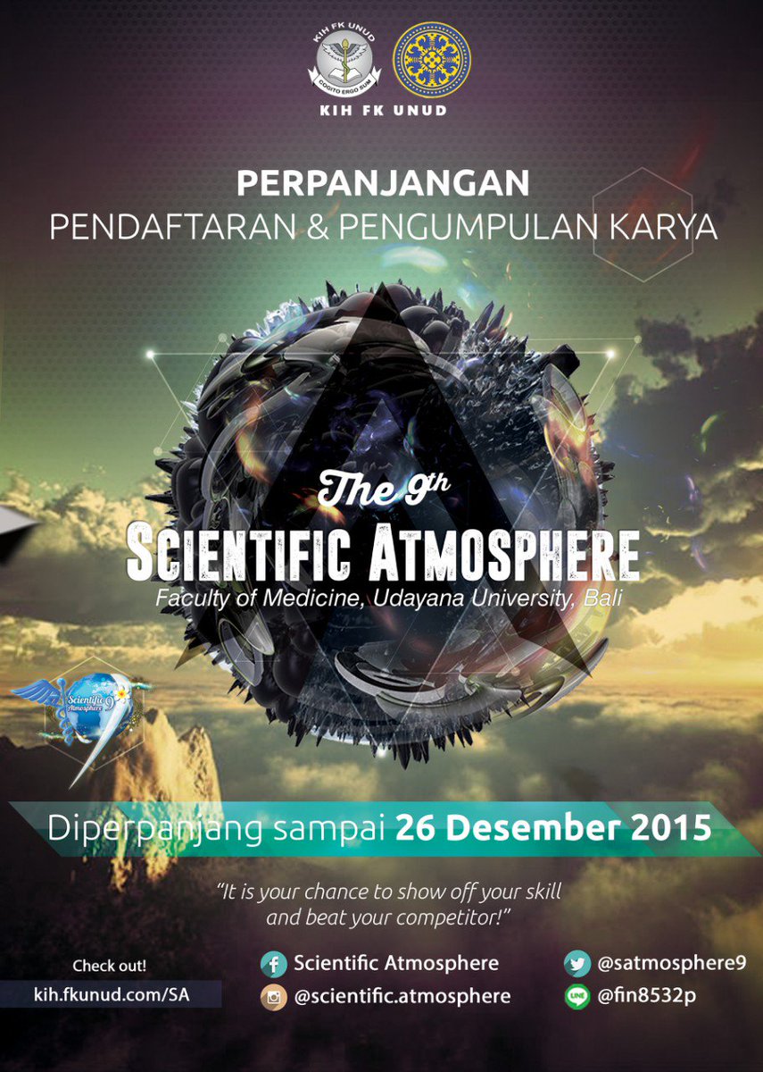 GOOD NEWS!

Pendaftaran dan pengumpulan karya Scientific Atmosphere 9 diperpanjang hingga 26 Desember 2015!!!