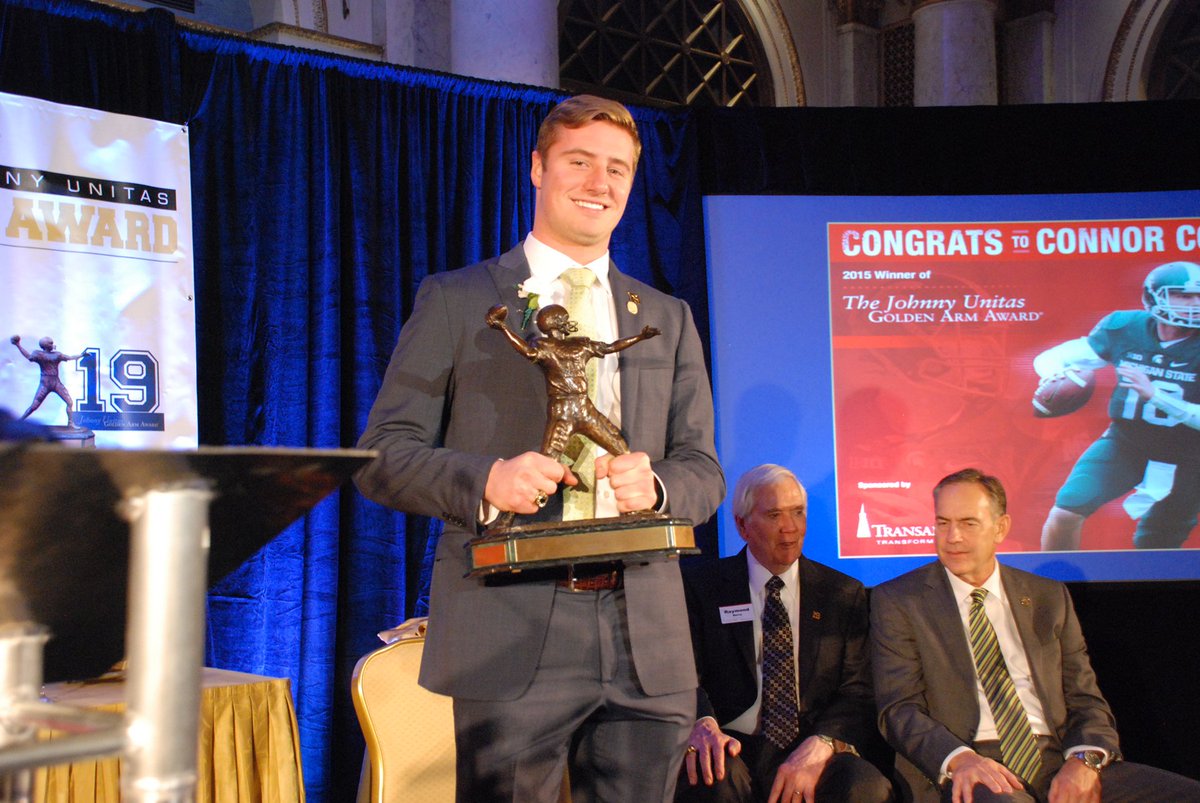 MSU_Football's tweet photo. .@Connor_Cook03 was presented the 2015 Johnny Unitas @GoldenArmAward (nation's top quarterback) Friday in Baltimore. https://t.co/Brgomvcisc