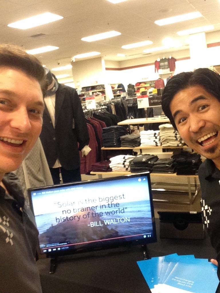 SolarNinjaMike's tweet photo. Sam @TheSultanOfSun  and I at Sears greeting holiday shoppers and promoting #nrghomesolar #nrgsolarselfie https://t.co/YnnOtn1vXD
