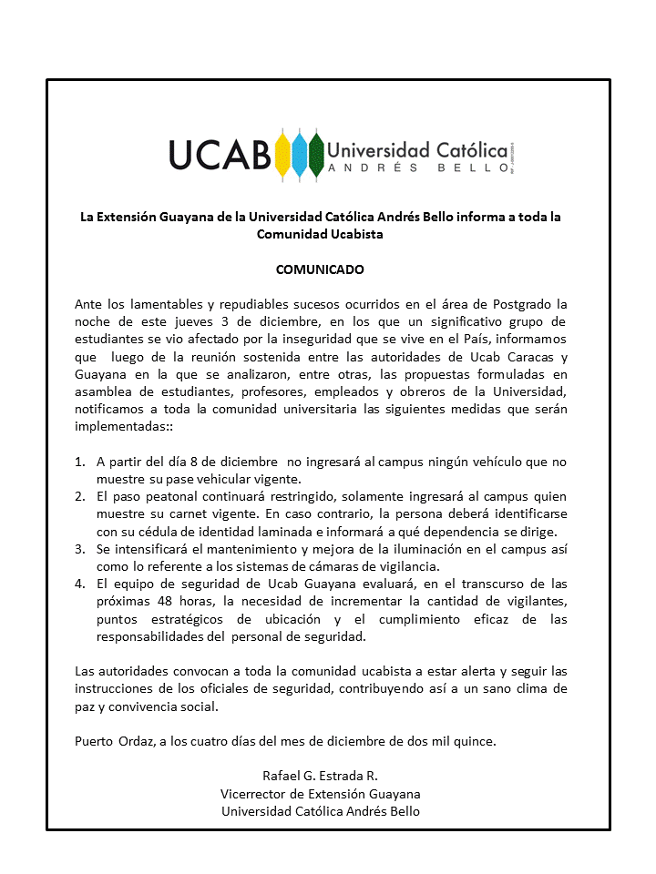 UcabGuayana's tweet image. La Ucab Guayana informa sobre medidas de seguridad a implementar en el Campus