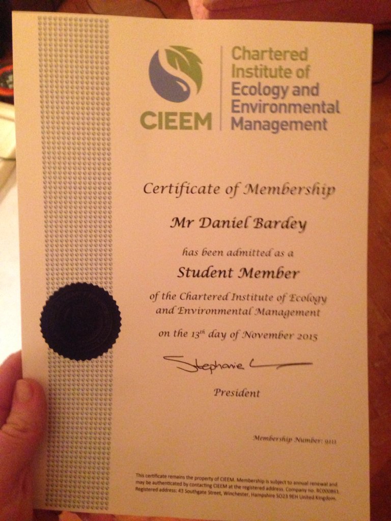 DBardey's tweet photo. Got my @InstEcolEnvMan certificate today! Hopefully a start to a promising career! #EnvironmentalScience #ecology https://t.co/Zsve226zwT