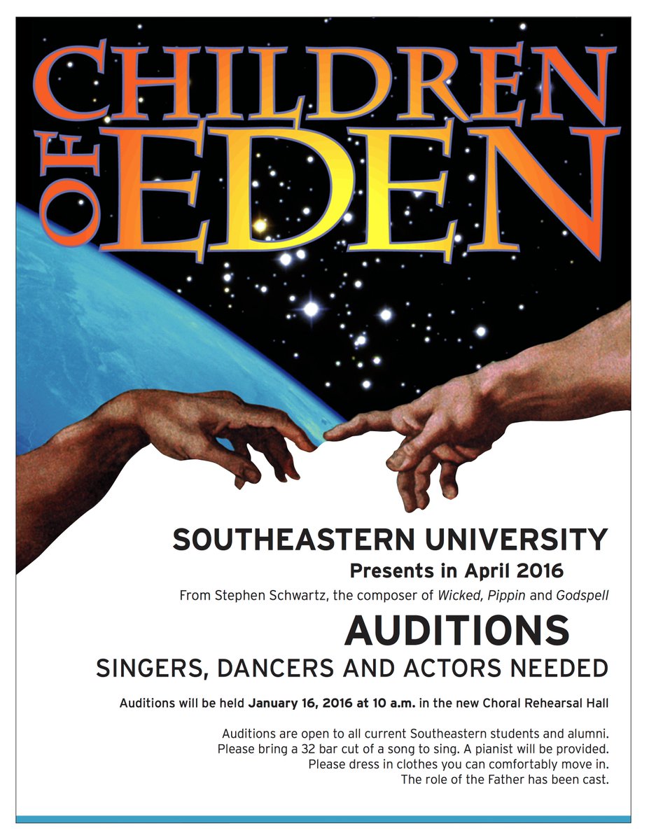 SEUarts's tweet photo. We are opening auditions to all SEU students and alumni for our spring musical, Children of Eden! @seuniversity https://t.co/QEh3tXJFNc