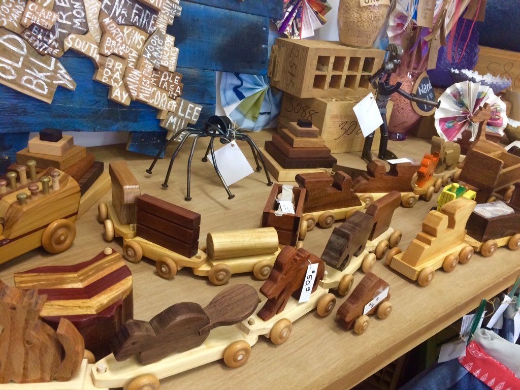 CLEupcycle's tweet photo. Wooden trains upcycled from salvaged wood by a local retired shop teacher. Does gift giving get any better?! https://t.co/DEZ0lTIQRB