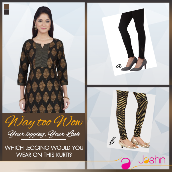 JashnOnline's tweet photo. Show us your style sense! Which legging would your wear on our gorgeous black kurti with gold motifs? #WayTooWow https://t.co/BshGGu8Te5