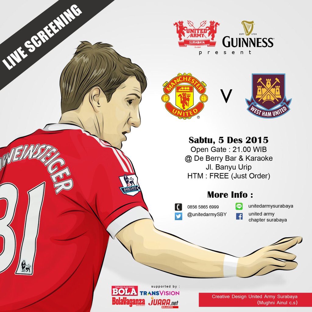 Live Screening
<a href="/ManUtd/">Manchester United</a> v <a href="/whufc_official/">West Ham United</a>
Tonight!!! at De Berry Bar&amp;Karaoke
More info check our IG
<a href="/InfoNobarSeru/">Info Nobar</a>