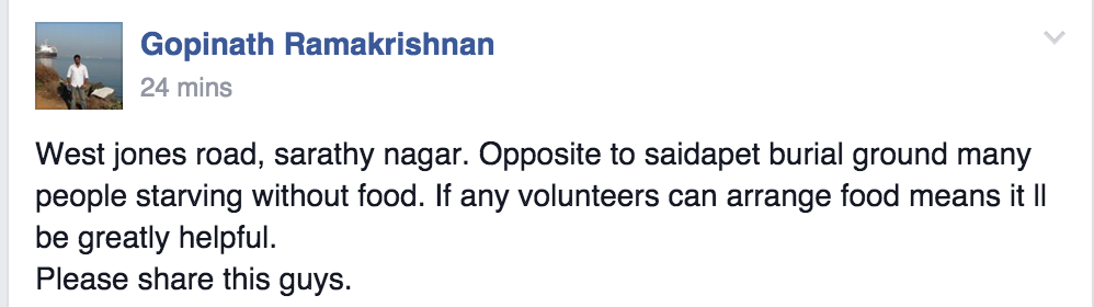 kavinarasu's tweet photo. Food needed for these people in the given address. Please help #ChennaiMicro #ChennaiRainsHelp #TNflood https://t.co/1U53hEWP5g