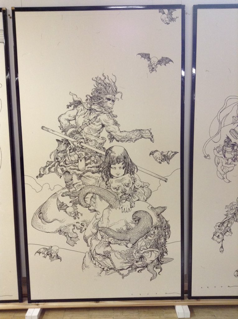 特に公開制作で描かれたこの3点、下書きも無く1枚1日で描かれたとの事。もう凄すぎてずーっと目の前で舐めるように見てました。 