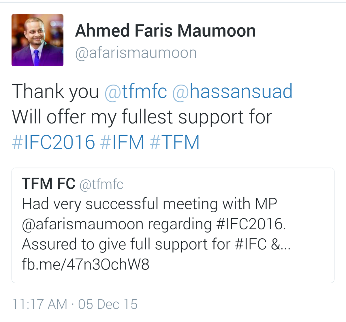 tfmsportsclub's tweet photo. Thank you MP @afarismaumoon 
#IFC2016 
#March16 
#TFMFC 
#DhiggaruDhaaira 
#Dhiggaru 
#Youth https://t.co/EaDskhR1Ef