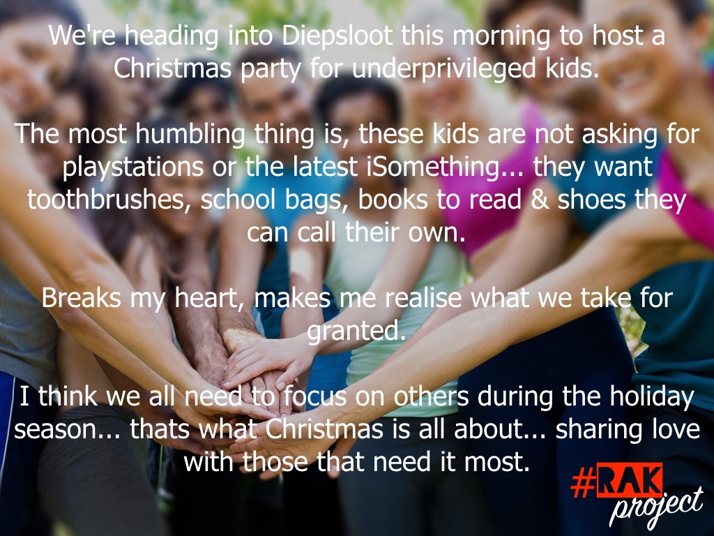 BrentLindeque's tweet photo. Hosting a Christmas party for underprivileged kids today... sharing love with those that need it most. #RAKproject https://t.co/oxtWLmMAeM