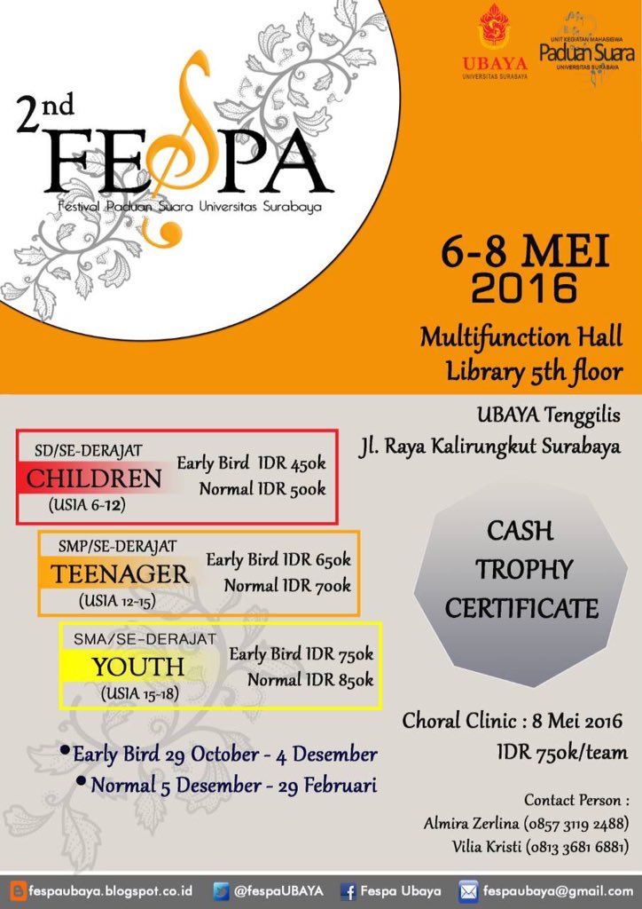 Segera daftarkan tim paduan suara kalian dalam FESPA 2016. Harga sudah kembali normal yaaa.