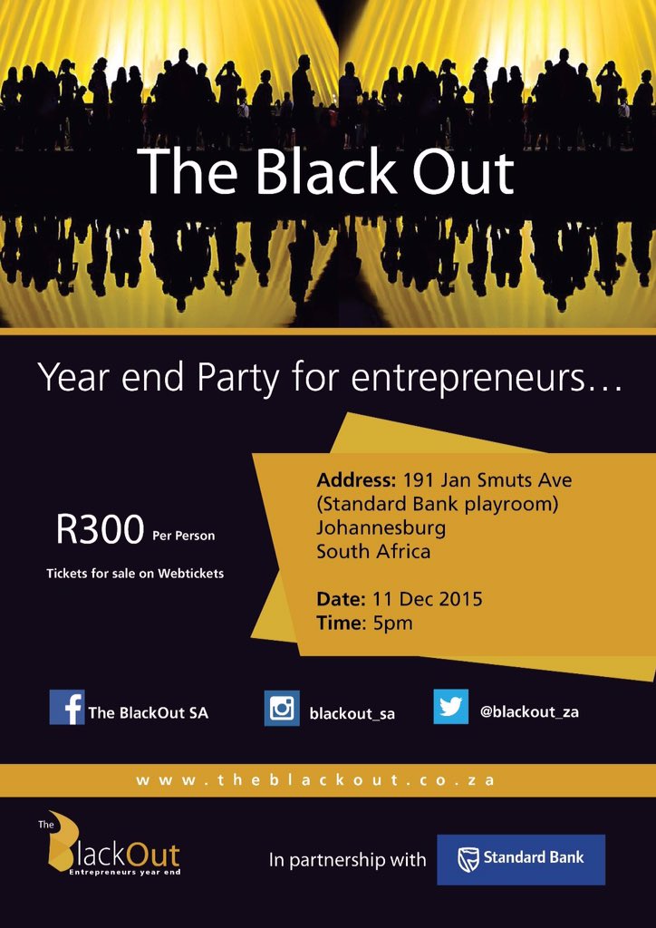 BuzzworthyLtd's tweet photo. Without SME's they'd be an economic BLACKOUT so come celebrate with us entrepreneursYE #TheBlackout #Standardbank https://t.co/pqC3v9qIYT