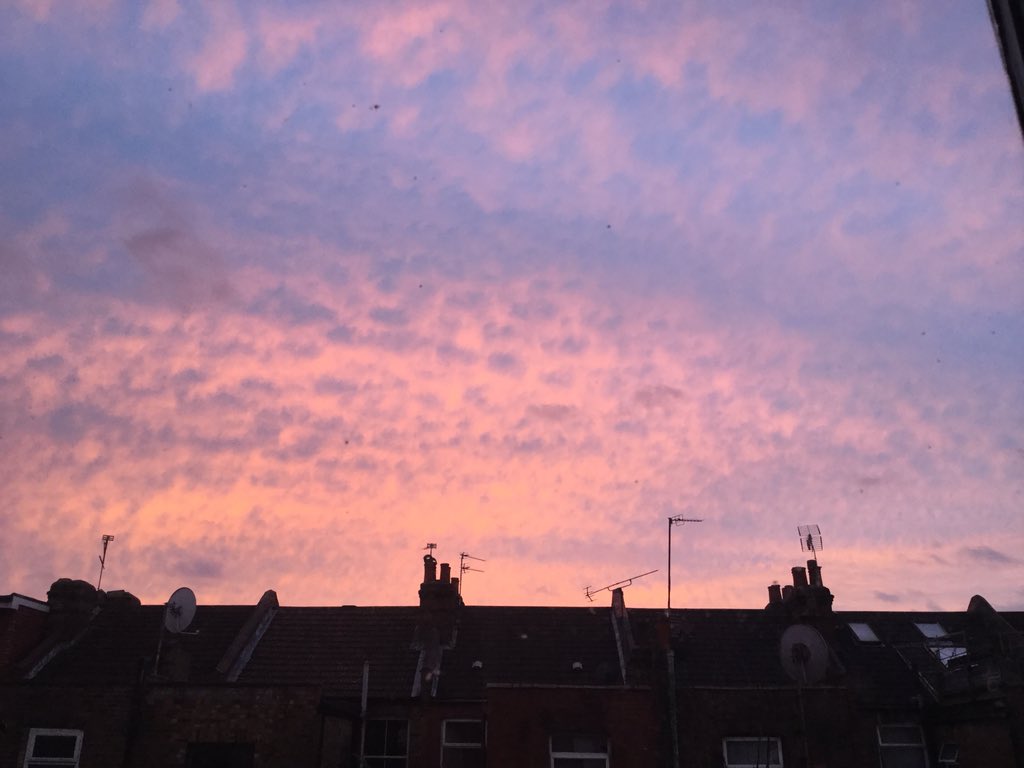 Emilie_Zola's tweet photo. Good morning London, you pink apocalyptic weirdo. #sheperdswarning #sunrise #sky https://t.co/BWOHc8FLyw