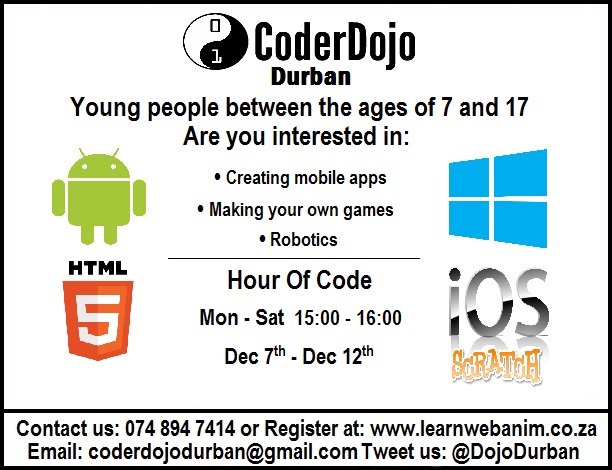 Note, our times have changed for #HourOfCode to accommodate the school kids in Chatsworth. Call us for the venue...