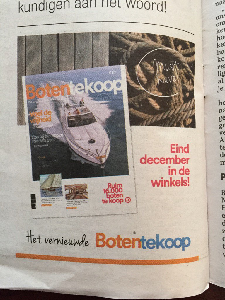botentekoop_nl's tweet photo. Primeur in de #telegraaf #vaarkrant, de geheel vernieuwde @Botentekoop magazine. Wat vind je er van? like? https://t.co/dvGbAjPjIw