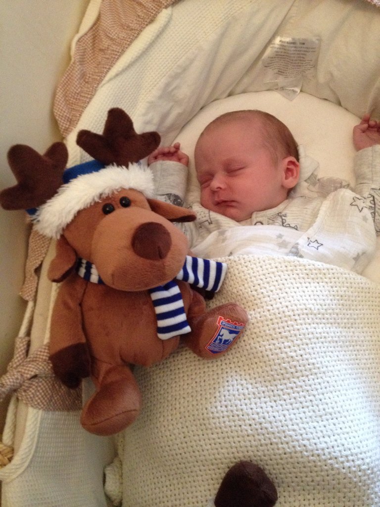 Richard01077640's tweet photo. Baby Seth with his ITFC Reindeer. Thanks @ITFC_PlanetBlue #futureno.9 https://t.co/oy4GXfrTNb