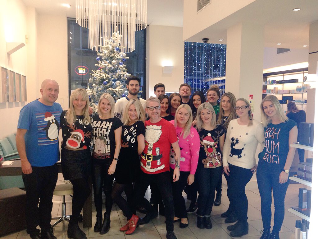 andrew_collinge's tweet photo. Happy Christmas jumper day from castle street salon. All in aid of #HFT https://t.co/R3u0M783Yq