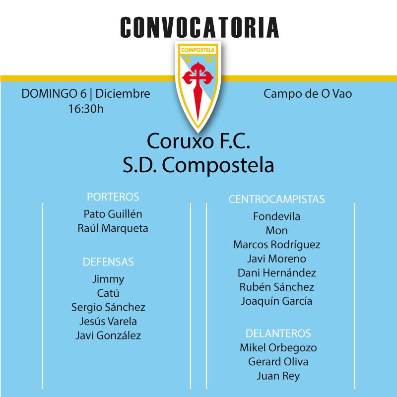 SD_Compostela's tweet photo. CONVOCATORIA| Quedan fora Goti e Portela por lesión e Josu e Jordan por sanción. Entra Juan Rey. #APoloDerbi https://t.co/GXHojJI7kT