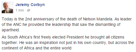 jeremycorbyn's tweet photo. Today is the 2nd anniversary of the death of Nelson Mandela. https://t.co/boEIasC7GN
