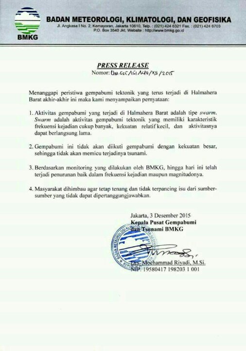 infoBMKG's tweet photo. Press release BMKG menanggapi peristiwa gempabumi tektonik di Halmahera Barat https://t.co/h6iKo3nhLd