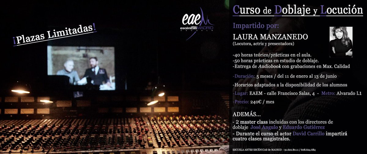 EAEMadrid's tweet photo. #Curso de Doblaje y Locución impartido por @LauraManzanedo inicio 11/1/16 Plazas limitadas #Madrid #cursos #doblaje https://t.co/LhziSAmkmD