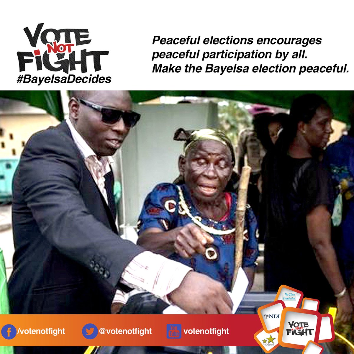 votenotfight's tweet photo. As the count begins, remain calm and keep the peace. #BayelsaDecides @2faceidibia @StopVAWIE @NDIWomen @tmgng https://t.co/CBmJFectdB