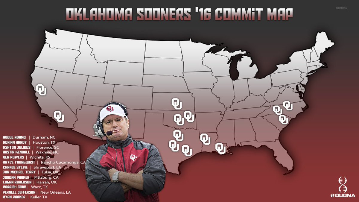 OKedits_'s tweet photo. Future #Sooners (2016 commits), on a map. Guys all over the country have that #OUDNA! #WhoGotNext https://t.co/1437heoLf1