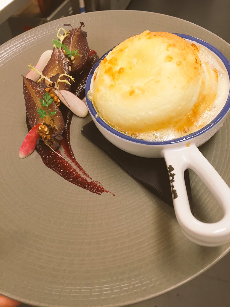 Comtè cheese soufflé, red wine poached pears, herb &amp; walnut salad