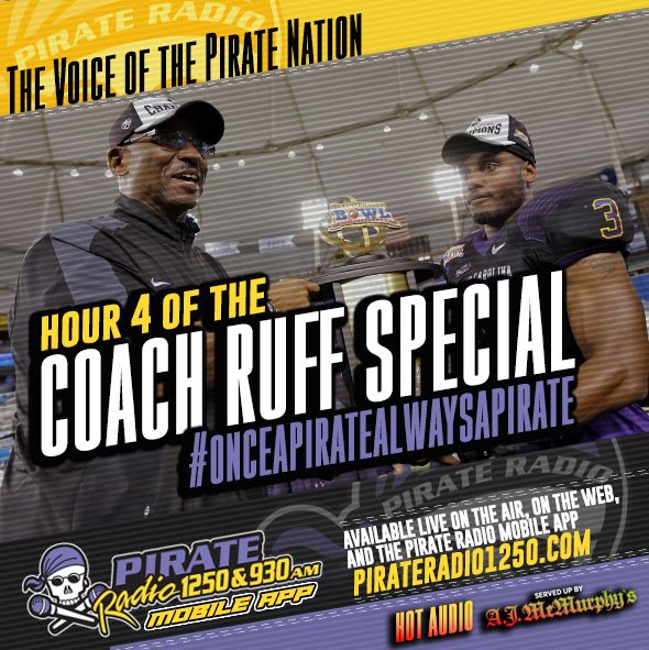 PR927FM's tweet photo. Hr 4 of our Live Coverage on the #CoachRuff dismissal #ECUFootball #OnceAPirateAlwaysAPirate https://t.co/xCFQrXiLPe https://t.co/TsmKLF5VqU