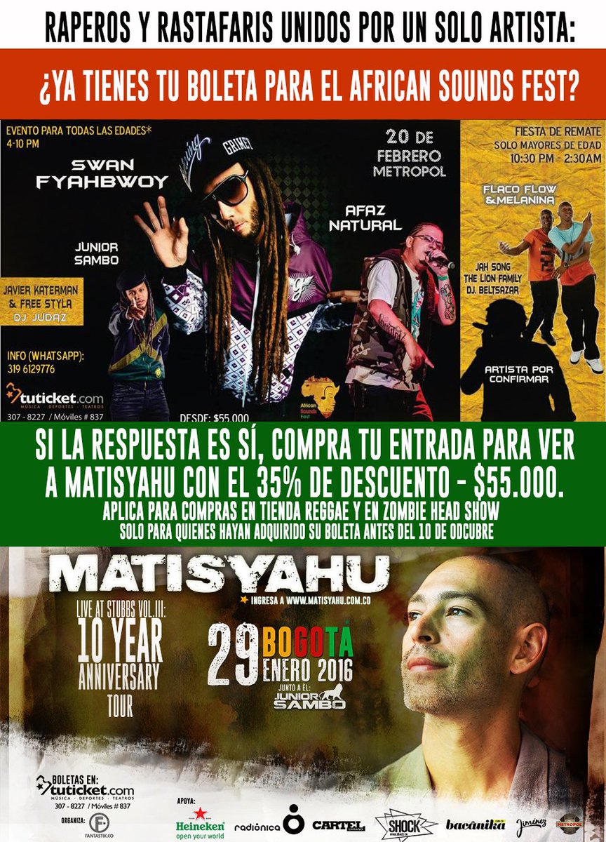 AfricanSoundsF's tweet photo. Si ya tienes tu boleta para el @AfricanSoundsF compra tu entrada para el evento de @matisyahu con el 35% dedescuento https://t.co/ZjLvHf3XjA