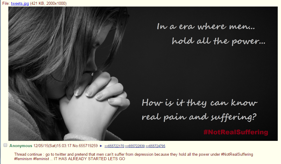 srhbutts's tweet photo. 4chan's newest troll hashtag is #NotRealSuffering. they're claiming feminists don't think men can be depressed. https://t.co/bfCZK2brM2