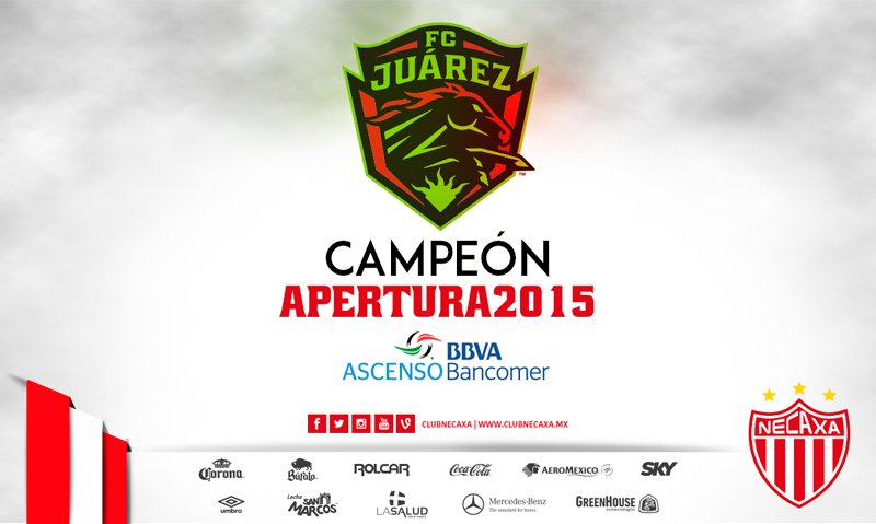 ClubNecaxa's tweet photo. Felicitamos a @fcjuarezoficial por obtener el título del #AP2015 del @AscensoMX https://t.co/TwKEcsHC6R