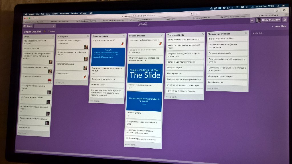 nikitonsky's tweet image. We sure have more TO DO (all but first column) than DONE (first one) #clojurecup