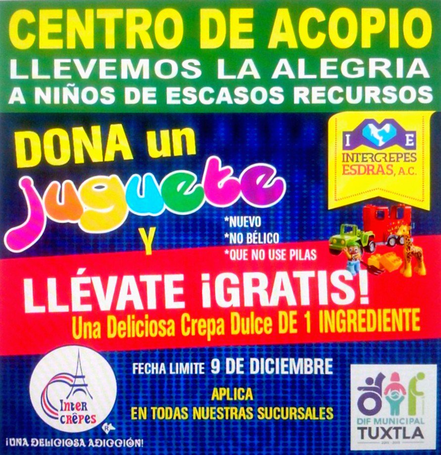 InterCrepes's tweet photo. #DonaUnJuguete y llévate una #Crepa #Gratis #LlevemosAlegría #UnaDeliciosaAdicción https://t.co/RxWFIt9VYn