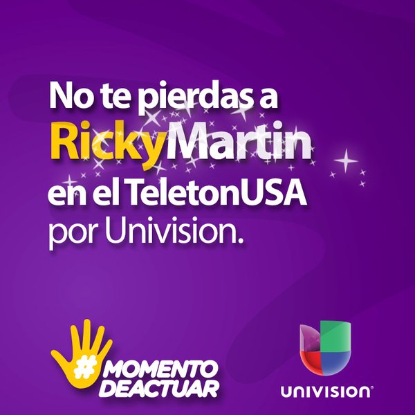 Univision tlnovelas (@unitlnovelas) on Twitter photo En breves instantes, llega @Ricky_Martin al escenario del <a href="/TeletonUSA/">TeletonUSA</a>. ¡RT si no te lo vas a perder! Por #Univision En breves instantes, llega @Ricky_Martin al escenario del <a href="/TeletonUSA/">TeletonUSA</a>. ¡RT si no te lo vas a perder! Por #Univision