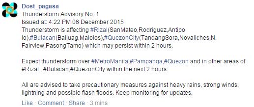 Nagpalabas ng thunderstorm advisory ang <a href="/dost_pagasa/">PAGASA-DOST</a> sa Quezon City at ilang karatig-lalawigan.