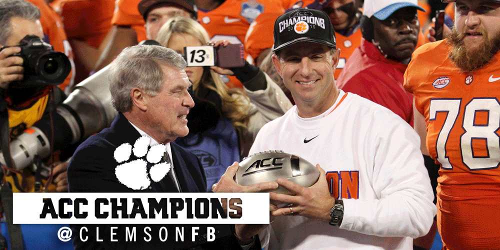 ClemsonFB's tweet photo. ACC Champions!

🐅 What a time to be a Tiger! 🐾 https://t.co/fo9lSUmq6K