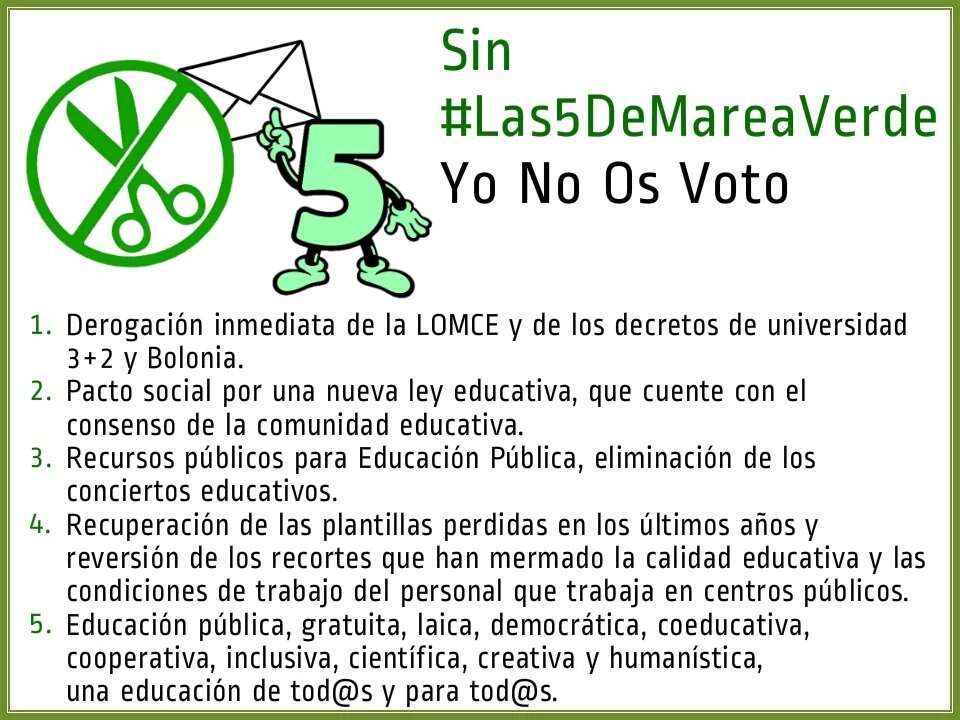 ConsultaEducaci's tweet photo. Sin #Las5DeMareaVerde no os votamos. Queremos Educación pública de calidad
NO a la #MordazaInconstitucional https://t.co/dhJpUAimUM