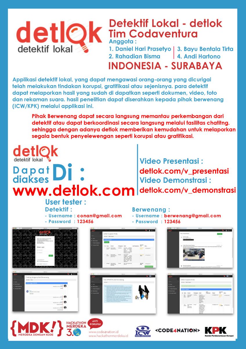 antikorupsi's tweet photo. Ini hasil kedua yg selesaii dari perlombaan #HackathonMDK tadi, berjudul "detlok". https://t.co/omBGJOXzOk