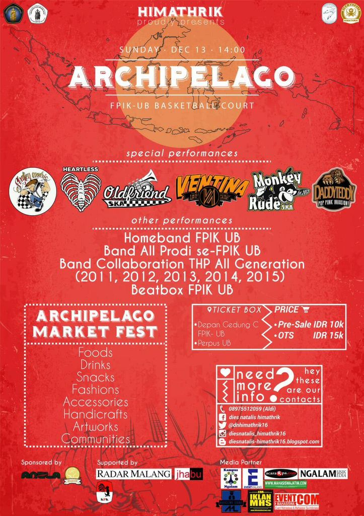 Jangan lupa merapat ke Lapangan Basket FPIK UB pada :
MINGGU,13 DESEMBER 2015
Open gate : 14.00