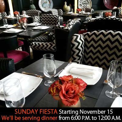We'll be serving dinner every Sunday from 6:00 P.M.-12:00A.M. Who's in the mood for a Sunday FIESTA? #Miami#ArtBasel