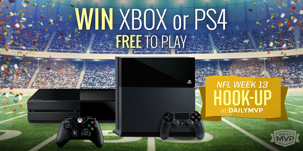 DailyMVP's tweet photo. Game on, gamers! Join the FREE #Week13 Hook-Up for a chance to win an #XBOX or #PS4: https://t.co/nYJ9rwT075
#DFS https://t.co/8U7mgi21Ka