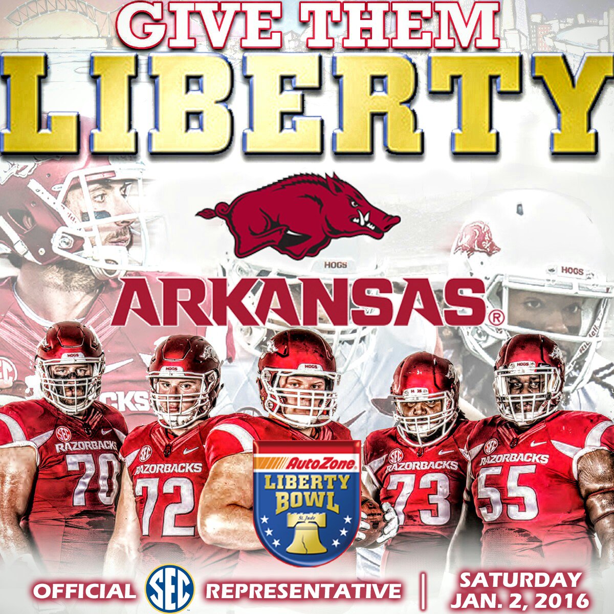 AZOLibertyBowl's tweet photo. WOOO. PIG. SOOIE! 
@RazorbackFB to play in 57th AutoZone Liberty Bowl, one of the hottest teams in the country! https://t.co/I7JD1m66FC