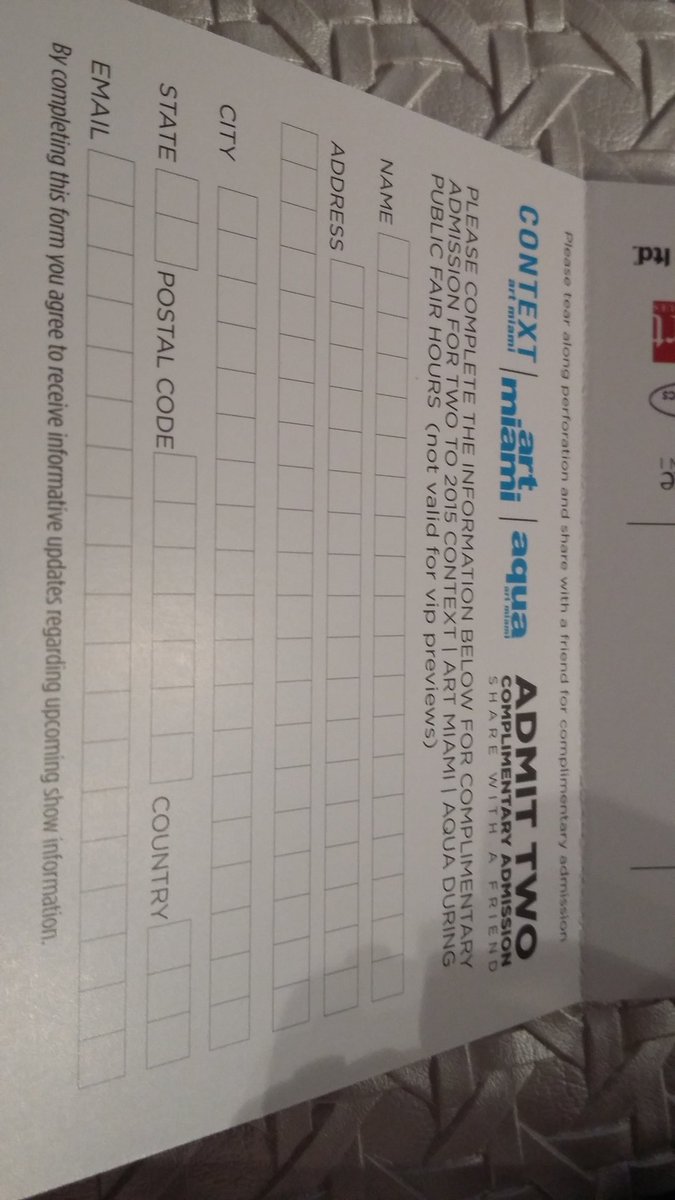 Up for grabs, free tickets to Context and Art Miami in midtown, ends today at 6pm...