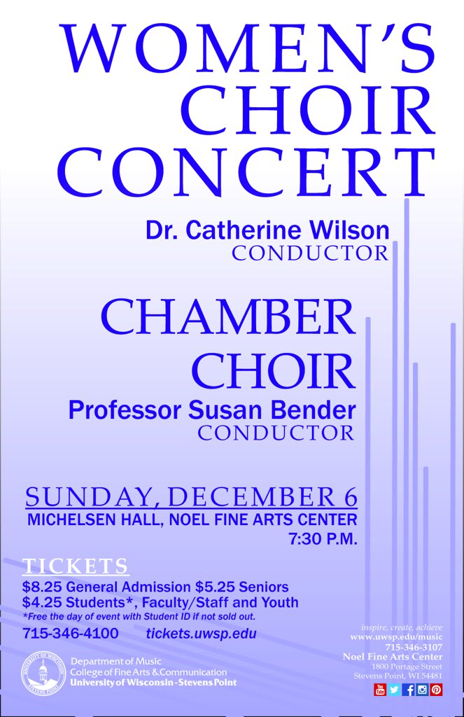 Don't forget to come out for the Women's Choir Concert tonight in Michelsen Hall at 7:30 p.m.