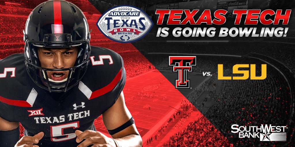 TechAthletics's tweet photo. OFFICIAL: #TexasTech will face LSU in the @TexasBowl. Kickoff is slated for 8 p.m. CT on Dec. 29. #WreckEm https://t.co/AmJmOVVgkO