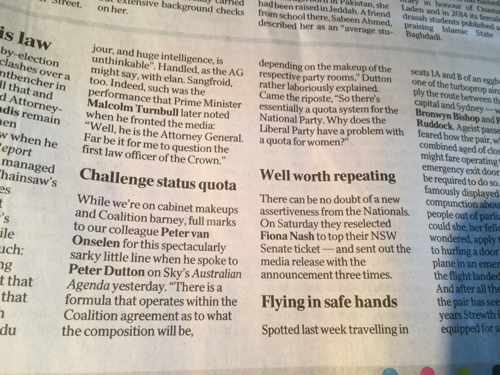 Love this from <a href="/vanOnselenP/">PVO</a> to <a href="/PeterDutton_MP/">Peter Dutton</a> on quotas for women.