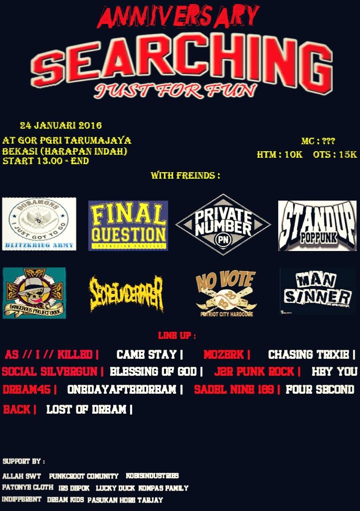 Ramaikan!!!! 
BACK dengan cover baru di Anniversary Searching!!! 
24 Januari 2016 at Gor PGRI Tarumajaya