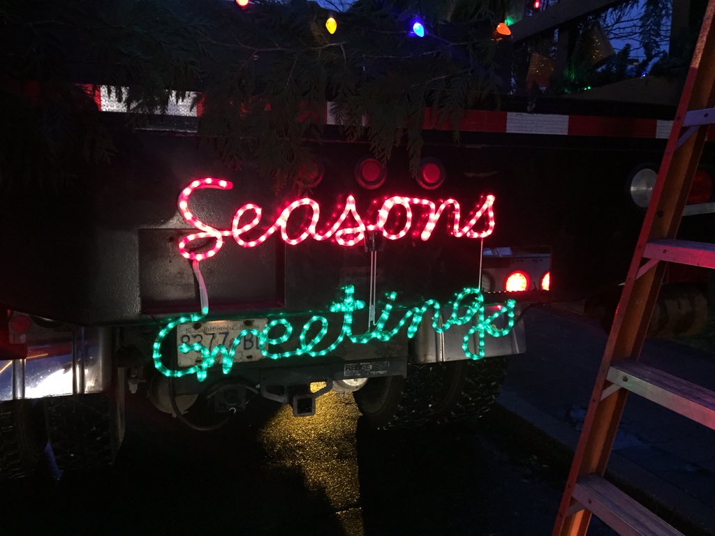 All festive &amp; lined up for the Sidney Sparkles parade tonight! Give us a wave when we drive by on Beacon Ave! #yyj
