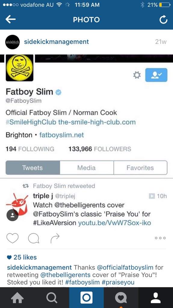 SidekickM's tweet photo. @FatboySlim - @thebelligerents who covered "Praise You" would love to shout you a beer when you're in Brisbane! ��🍻🍻 https://t.co/5DP1pVgJRO
