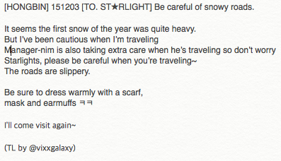 VIXXGalaxy's tweet photo. [HONGBIN] 151203 [TO. ST★RLIGHT] Be careful of snowy roads. https://t.co/qXOKZwIQSk https://t.co/p1H4Ds04XN
